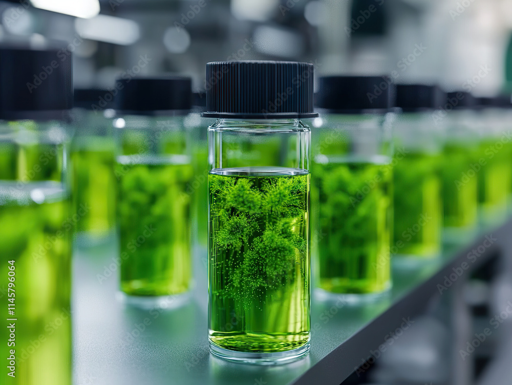 Green algae samples in transparent laboratory vials for biofuel research on metallic table in modern lab Green algae samples in transparent laboratory vials for biofuel research on metallic table in modern lab