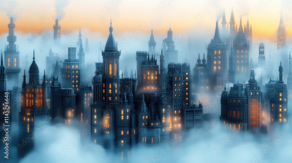 Fototapeta premium Majestic Cityscape at Dusk with Ethereal Fog and Illuminated Buildings Capturing the Essence of Urban Enchantment and Mystery Against a Vibrant Sky