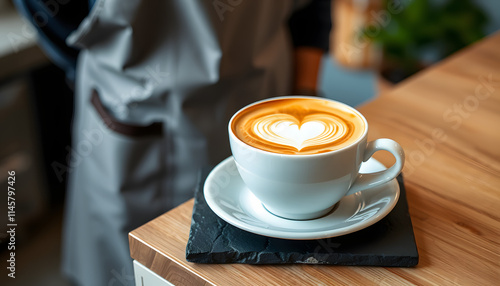 Elegant Latte Art in White Cup on Stylish Slate Plate