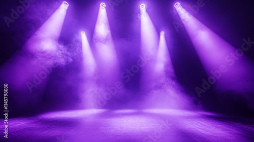 Stage lights, spotlight beams with smoke, glowing studio or theater scene lamp rays on black background. Purple illumination on floor and ceiling for concert or show presentation, Realistic 3d vector