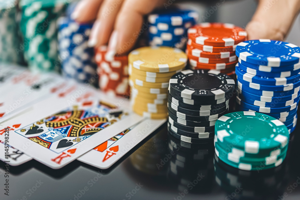 High Stakes Poker Game with Colorful Chips and Royal Flush on Table High Stakes Poker Game with Colorful Chips and Royal Flush on Table