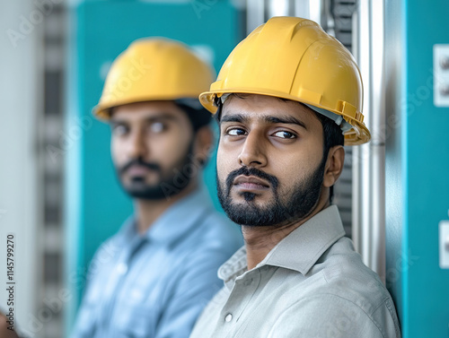 Two workers wearing yellow safety helmets inspecting equipment with focused expressions