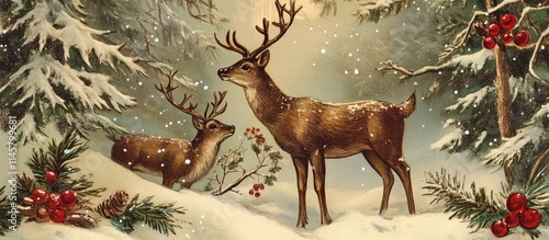 Festive vintage Christmas card featuring deer in a snow-covered forest with holiday decorations and a serene winter atmosphere