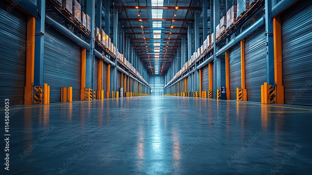 Obraz premium The interior of an empty warehouse, ready for inventory storage, delivery, distribution, and supply chain logistics.