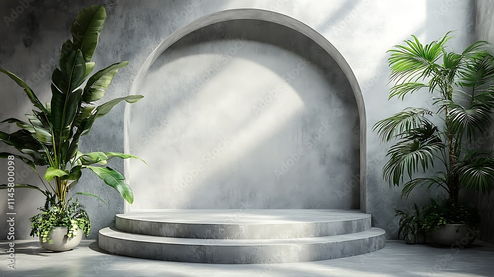 Minimalist gray concrete podium with tropical plants, arched wall, sunlight. Minimalist gray concrete podium with tropical plants, arched wall, sunlight.