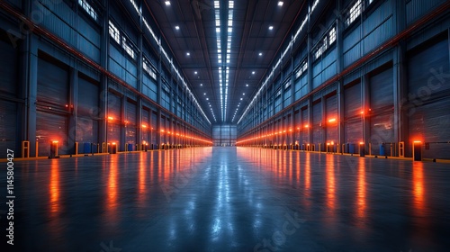 The interior of an empty warehouse, ready for stock storage, delivery, distribution, and supply chain logistics.