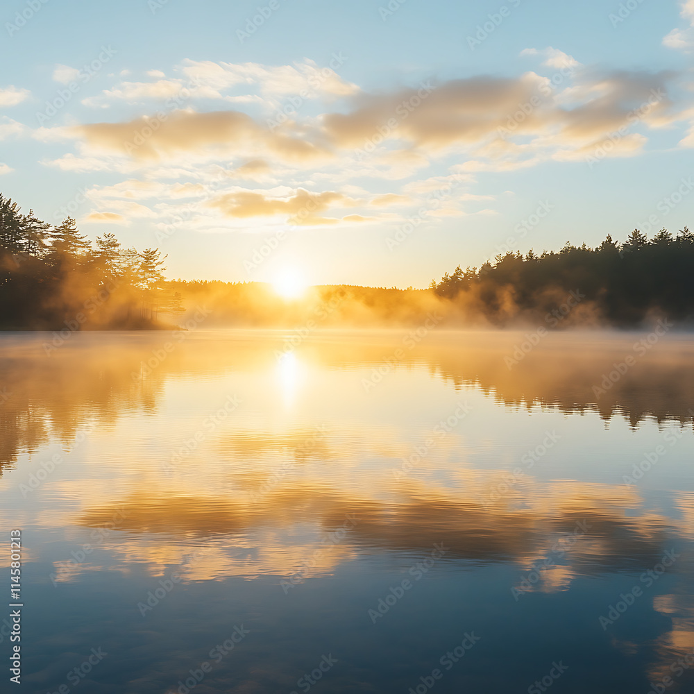 A serene crystal clear lake at sunrise, with golden light reflecting on the water, mist rising gently in the background A serene crystal clear lake at sunrise, with golden light reflecting on the water, mist rising gently in the background