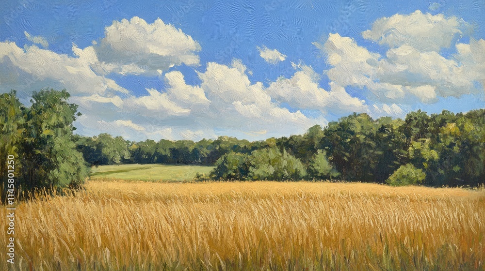 Fototapeta premium Wisconsin cornfield during early summer showcasing vibrant crops and a sunny sky with fluffy clouds in a serene landscape.