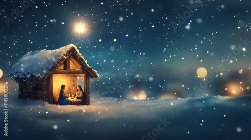 Holy Family Nativity Scene Winter Night Snow photo