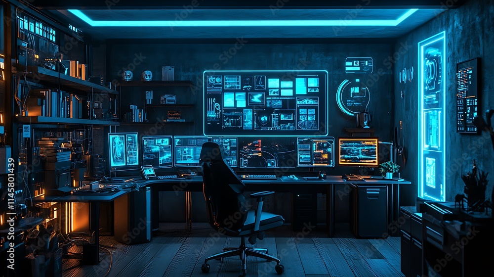 Futuristic Hacker Workstation Cyber Security Office Space Futuristic Hacker Workstation Cyber Security Office Space