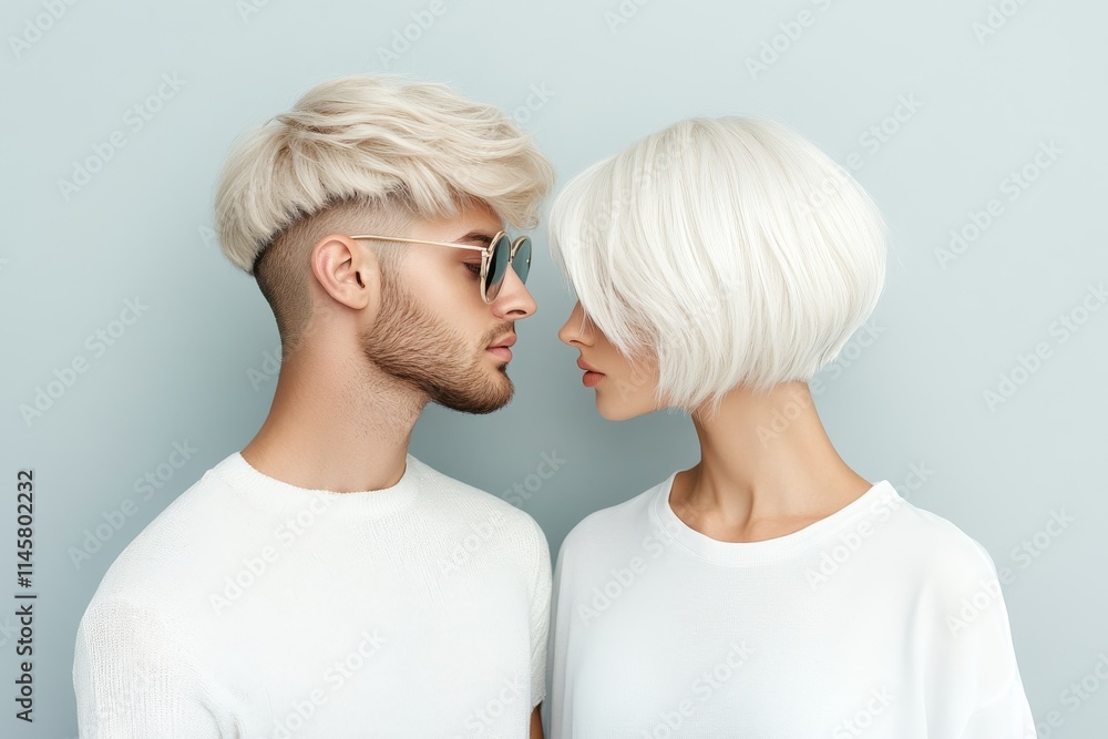 Young couple with stylish light hair posing closely against a pastel background in a creative photography session Young couple with stylish light hair posing closely against a pastel background in a creative photography session