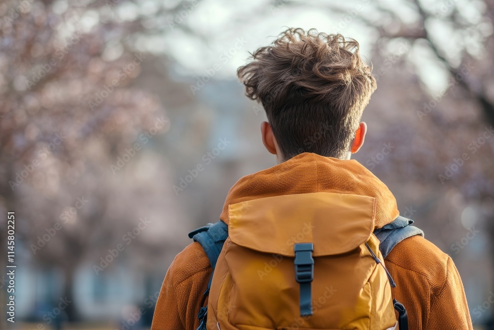 Fototapeta premium Young man with backpack admires cherry blossom trees in springtime park during golden hour light