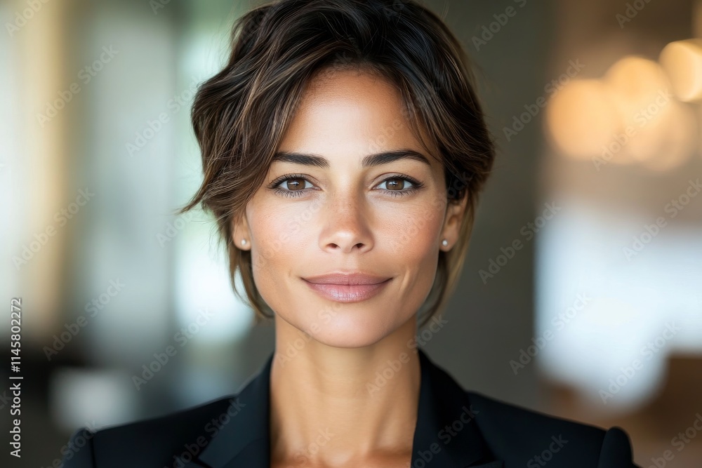 Confident woman in professional attire smiling in modern office setting with soft lighting Confident woman in professional attire smiling in modern office setting with soft lighting