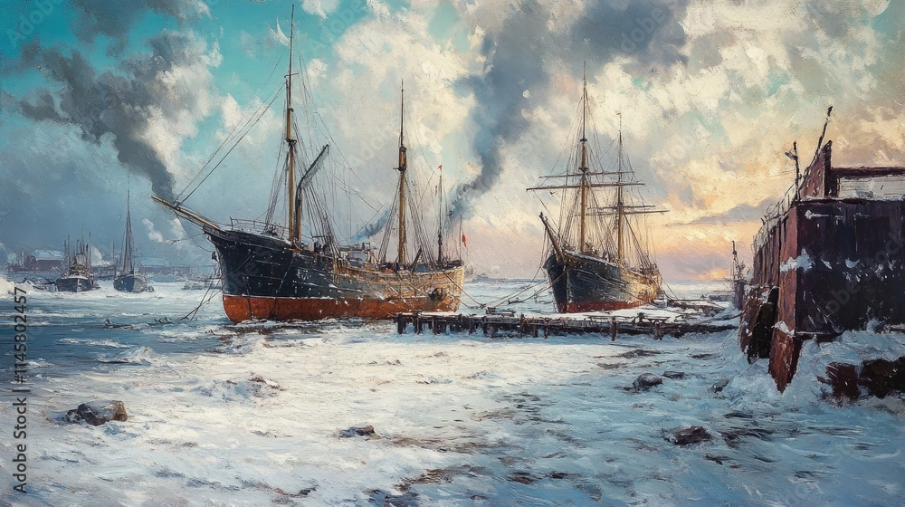 Obraz premium Ships anchored in winter snow at a pier on the frozen White Sea showcasing a historic maritime scene with dramatic clouds and icy landscape.