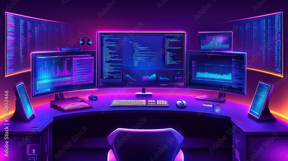 A futuristic computer setup glows with neon light. Multiple monitors display code, graphs, and data visualizations. The immersive workspace suggests intense programming or data analysis activities. A futuristic computer setup glows with neon light. Multiple monitors display code, graphs, and data visualizations. The immersive workspace suggests intense programming or data analysis activities.