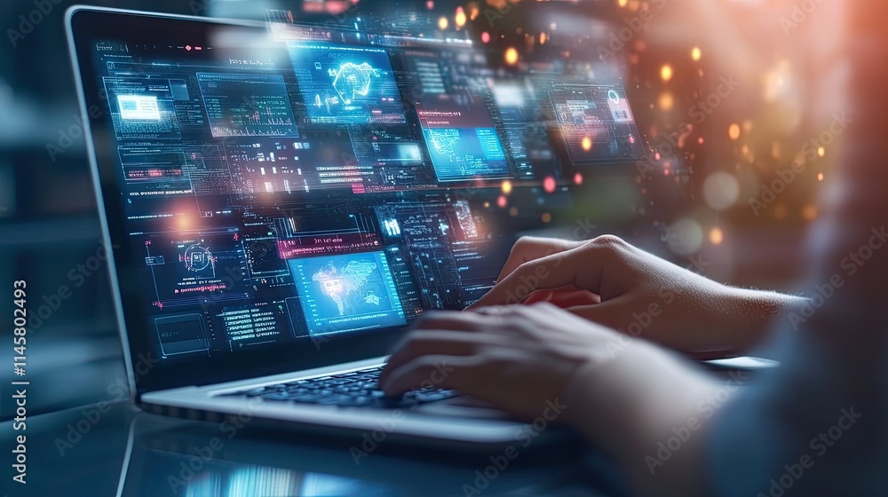 Digital World: Data Streams on Laptop Screen Digital World: Data Streams on Laptop Screen