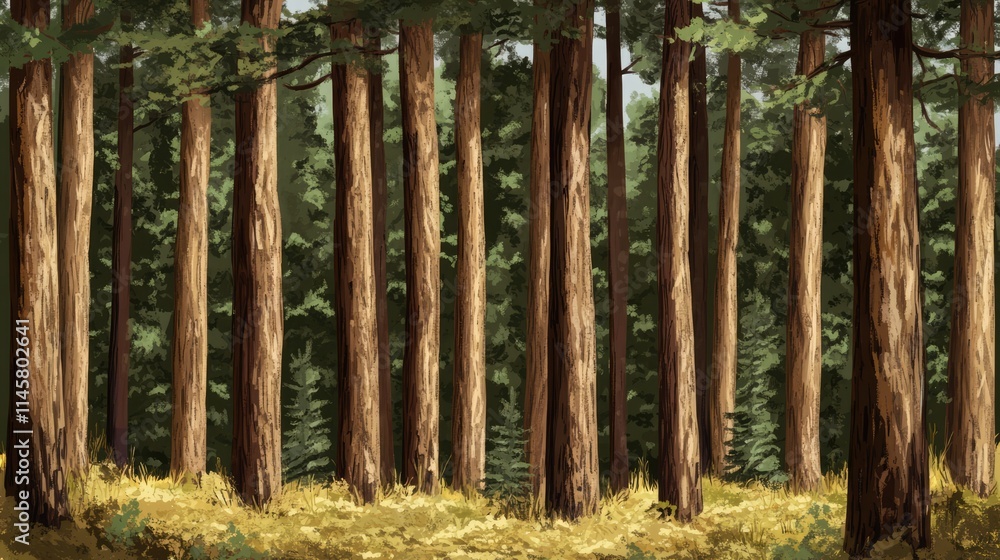 Tall pine trees standing majestically in a lush forest with sunlight filtering through the dense foliage creating a serene natural atmosphere.