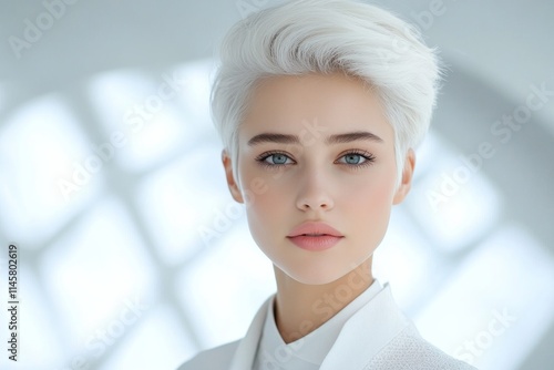 Young woman with stylish short white hair poses elegantly against a bright background photo