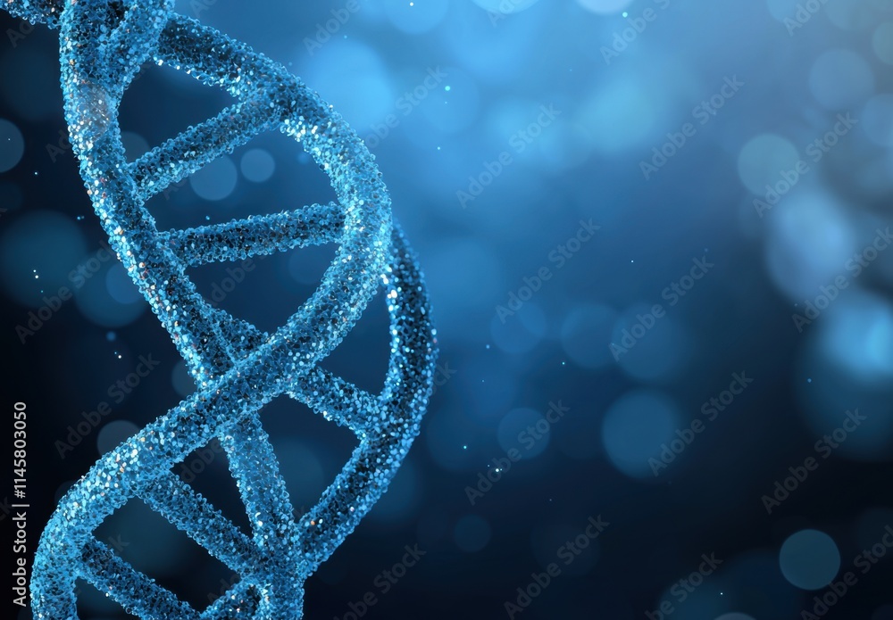 Blue DNA Helix Structure with Shimmering Particles in the Background Blue DNA Helix Structure with Shimmering Particles in the Background