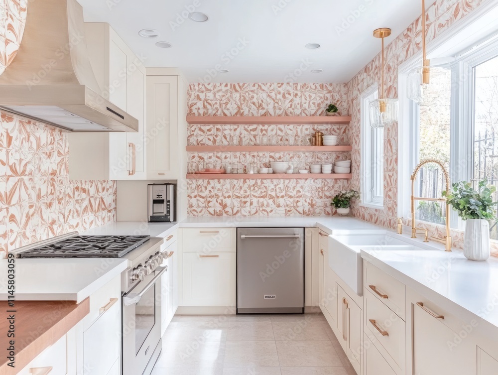 Modern Kitchen Design Featuring Neutral Tones And Floral Wallpaper Modern Kitchen Design Featuring Neutral Tones And Floral Wallpaper