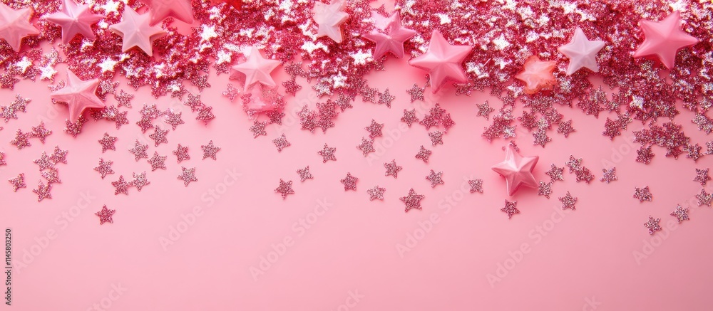Festive pink holographic star confetti scattered on a pastel pink background creating a vibrant and cheerful holiday atmosphere Festive pink holographic star confetti scattered on a pastel pink background creating a vibrant and cheerful holiday atmosphere