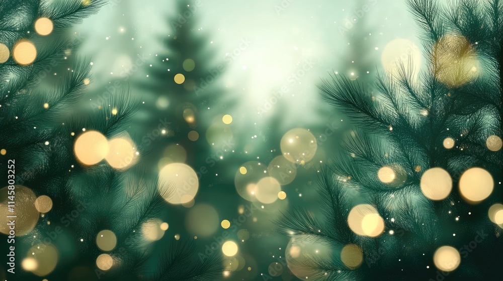 Serene blurred pine tree forest with soft bokeh lights creating a dreamy atmosphere ideal for holiday and nature themed designs Serene blurred pine tree forest with soft bokeh lights creating a dreamy atmosphere ideal for holiday and nature themed designs