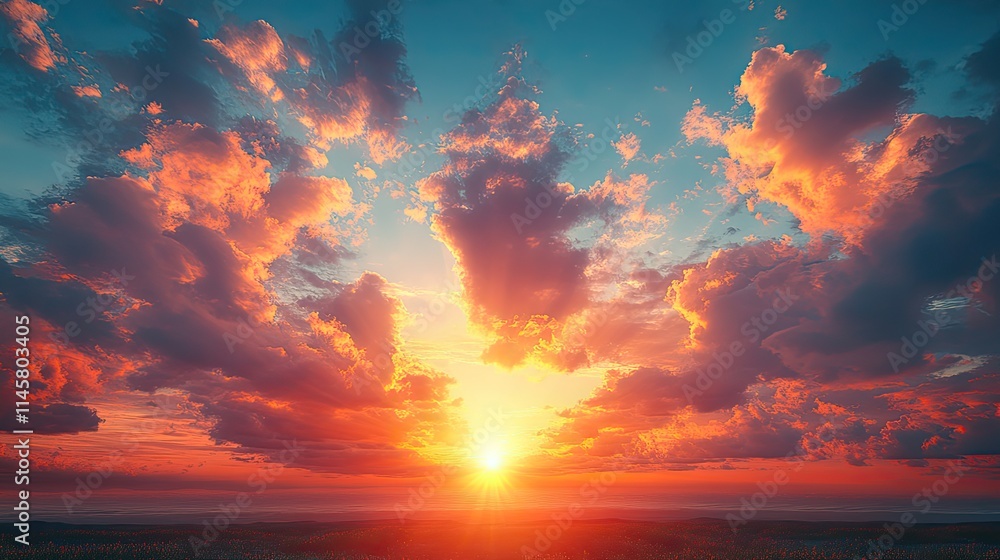 Fototapeta premium The sky with clouds and a flare of light at sunset represents belief, faith, and spiritual religion, offering a peaceful background for worship.