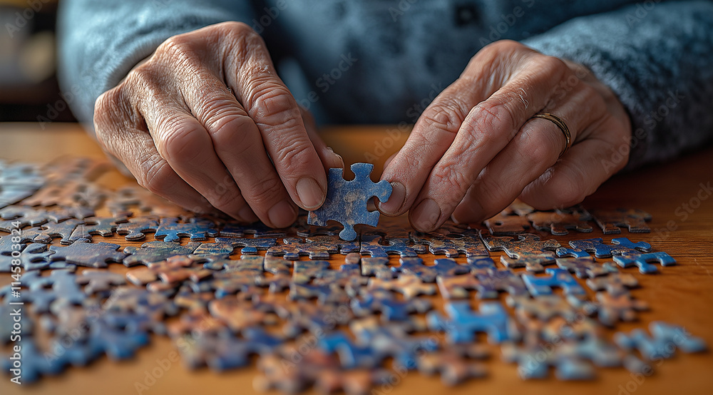 Elderly person doing puzzle, hands close-up on table with scattered pieces, focus on wooden surface and hand movements, detailed texture of the jigsaw piece in their fingers, soft Elderly person doing puzzle, hands close-up on table with scattered pieces, focus on wooden surface and hand movements, detailed texture of the jigsaw piece in their fingers, soft