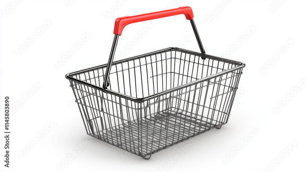 Supermarket basket from metal wire in top and side view. Vector realistic mock up of empty shopping cart with red plastic handles for buy grocery, food and goods in market and shop Supermarket basket from metal wire in top and side view. Vector realistic mock up of empty shopping cart with red plastic handles for buy grocery, food and goods in market and shop