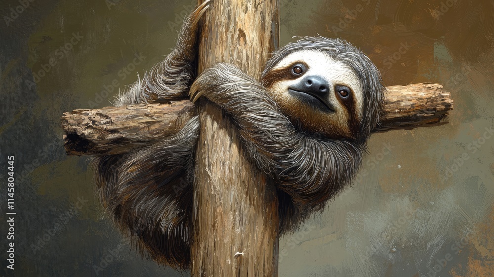 Fototapeta premium Sloth clinging to a wooden post in a tranquil setting showcasing its unique charm and habitat in the wild.