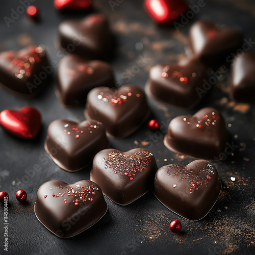 A close-up of heart-shaped chocolate candies, arranged on an old black table with visible wear and tear, showcases their rich dark color against the backdrop of Valentine's Day dec photo