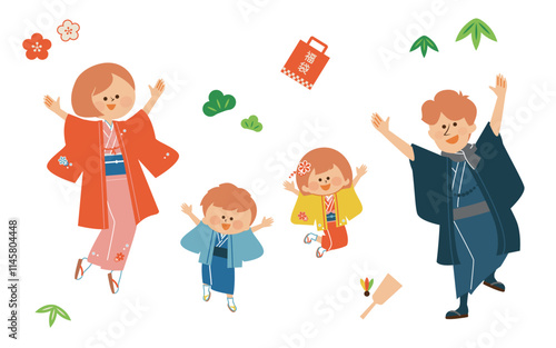 正月　日本の着物を着てジャンプする家族のイラスト