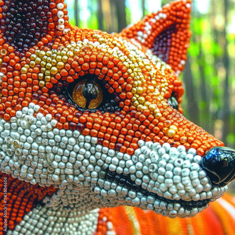 Fototapeta premium close up of beautifully crafted beadwork fox, showcasing intricate details and vibrant colors. artwork highlights skillful use of beads to create stunning visual effect