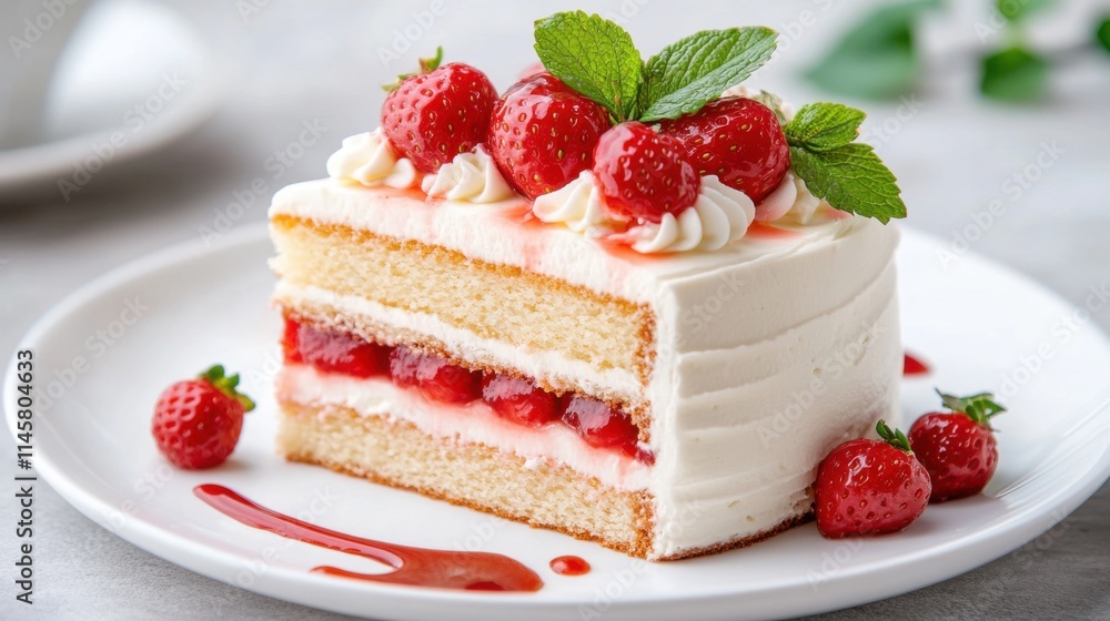 Delicious strawberry soft cake slice kitchen table food photography bright setting close-up view tempting dessert