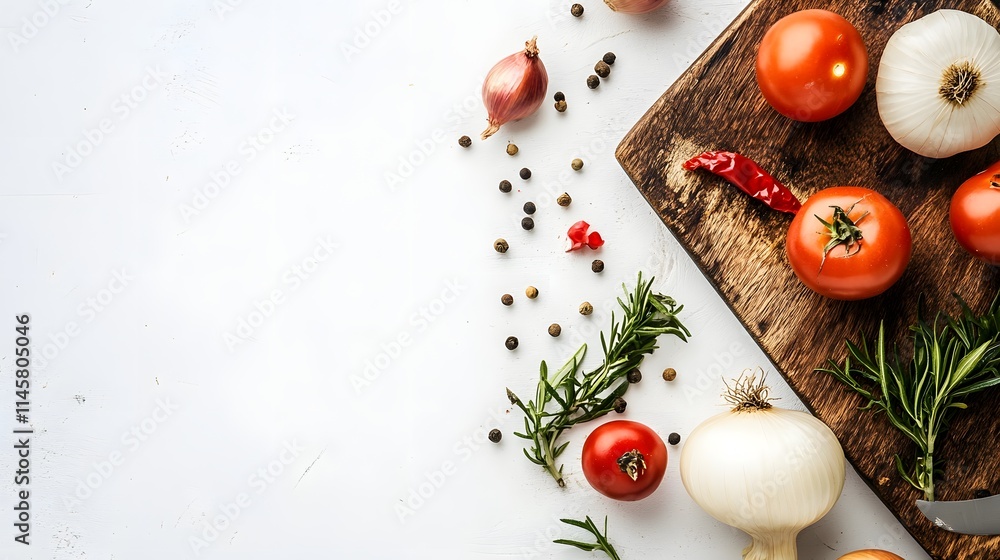 Fresh Tomatoes Onions Rosemary and Spices Ready for Cooking Fresh Tomatoes Onions Rosemary and Spices Ready for Cooking