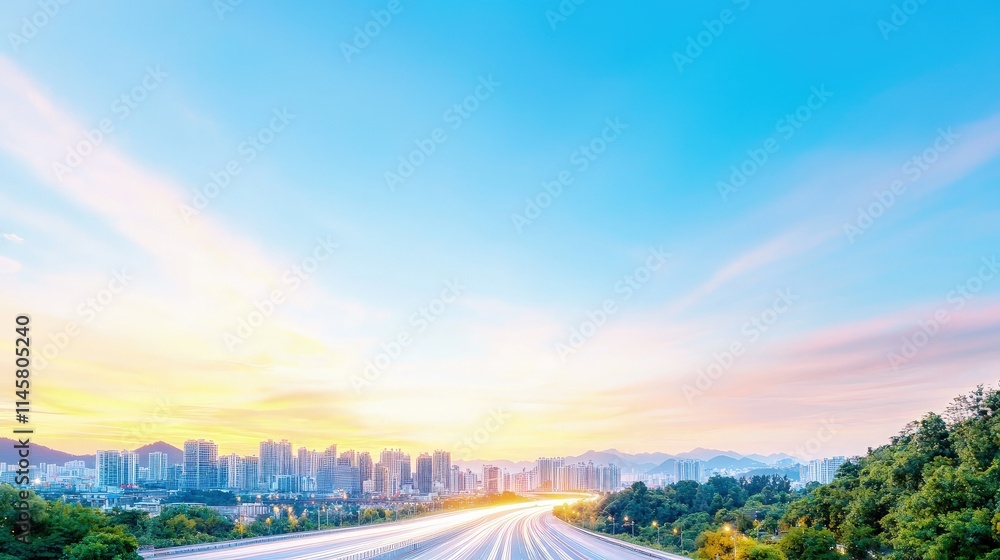 Fototapeta premium City highway sunrise, light trails, cityscape.
