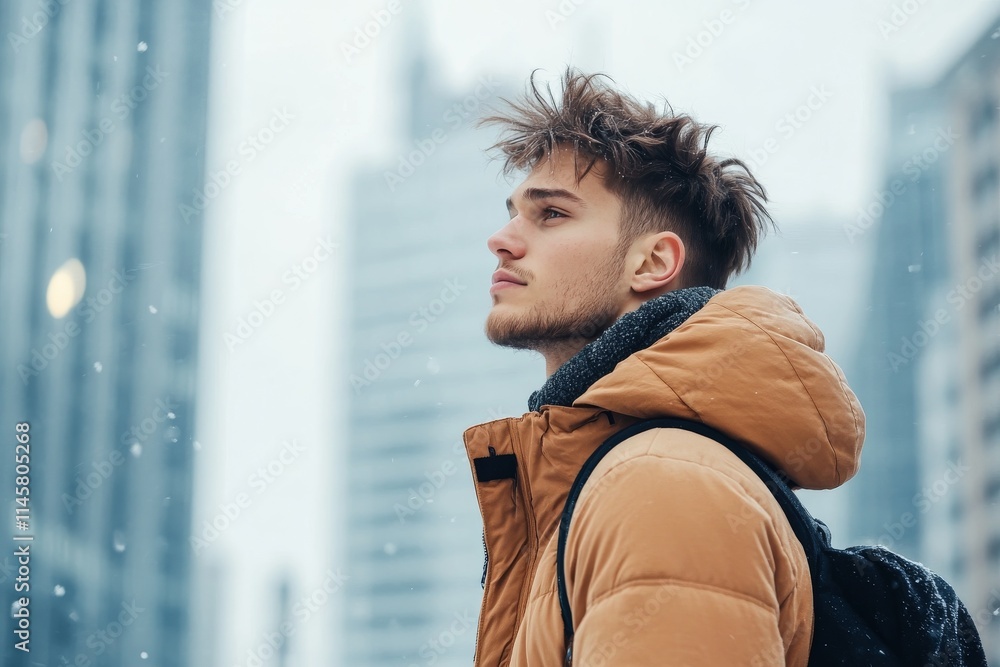 Young man enjoying a snowy day in an urban city while looking up at the buildings Young man enjoying a snowy day in an urban city while looking up at the buildings