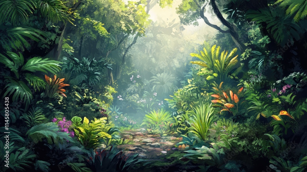Obraz premium Lush Cloud Forest Scene Highlighting Endemic Vegetation and Vibrant Flora in a Mystical Natural Environment