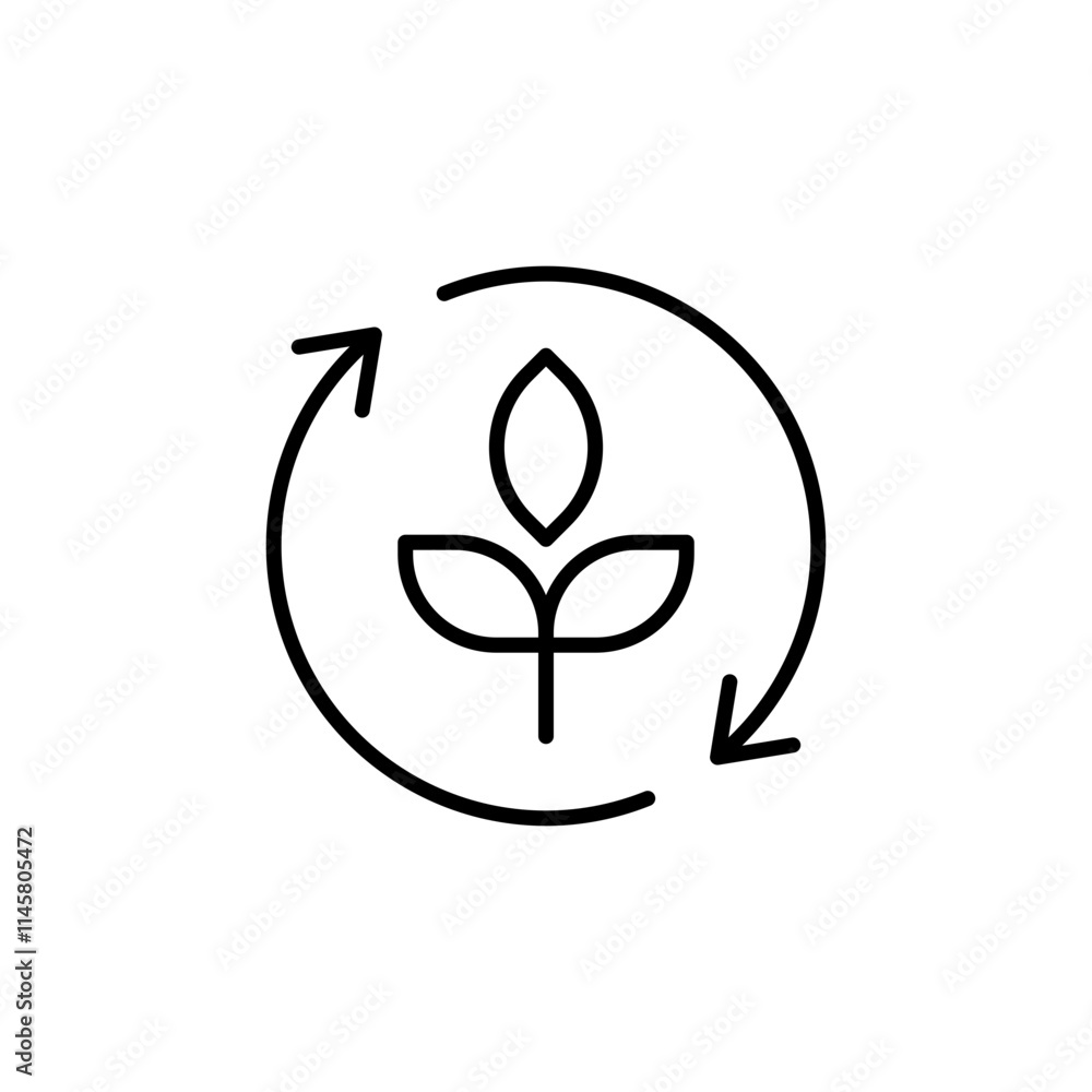 Reforestation icon. Simple outline style. Tree, plant with circle cycle, ecosystem, sustainable, restore, forest, environment concept. Thin line symbol. Vector illustration isolated. Reforestation icon. Simple outline style. Tree, plant with circle cycle, ecosystem, sustainable, restore, forest, environment concept. Thin line symbol. Vector illustration isolated.