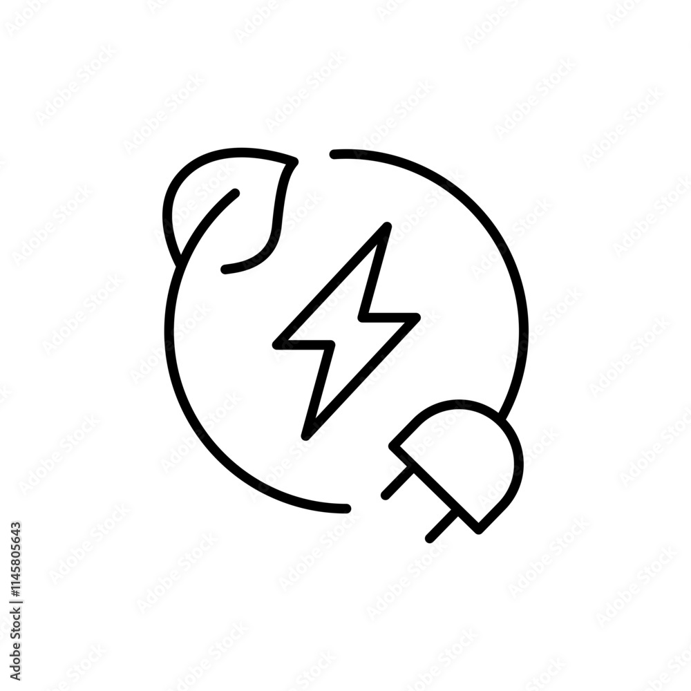 Green eco energy icon. Simple outline style. Clean power, transition, lightning in circle with plant leaf and plug, renewable concept. Thin line symbol. Vector illustration isolated. Green eco energy icon. Simple outline style. Clean power, transition, lightning in circle with plant leaf and plug, renewable concept. Thin line symbol. Vector illustration isolated.