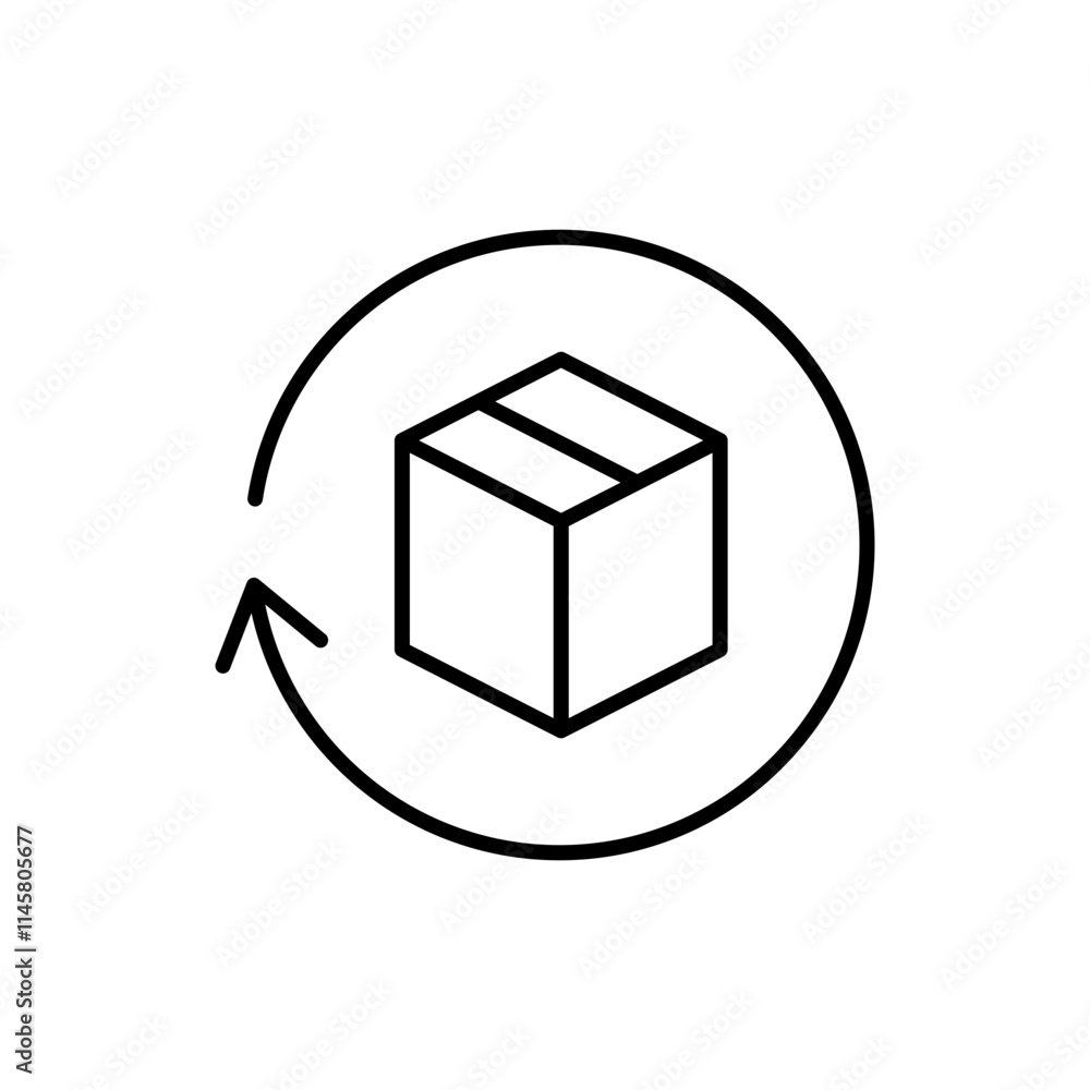 Return package icon. Simple outline style. Delivery parcel, box, package, return, exchange, arrow, deliver, product, shipping concept. Thin line symbol. Vector illustration isolated. Return package icon. Simple outline style. Delivery parcel, box, package, return, exchange, arrow, deliver, product, shipping concept. Thin line symbol. Vector illustration isolated.