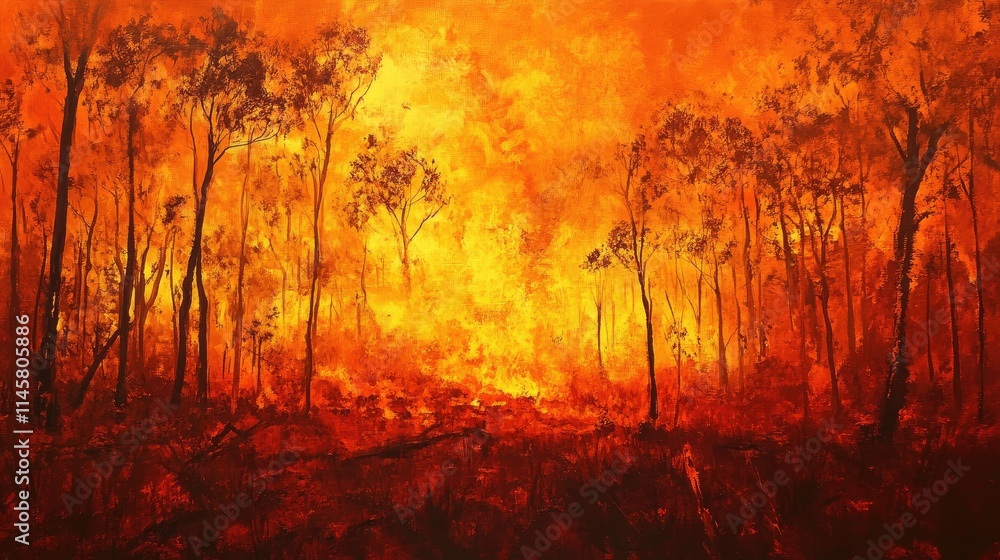 Fototapeta premium Vivid depiction of a forest fire engulfing a landscape with blazing flames highlighting the destructive force of wildfires in nature.