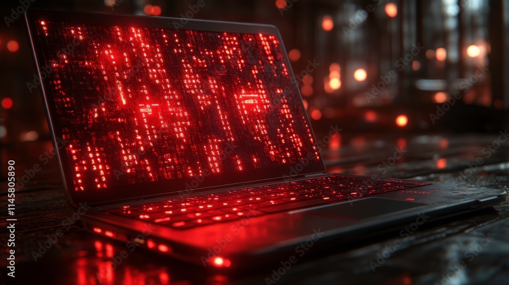 Futuristic Laptop with Glowing Red Code on Screen in a High-Tech Environment, Symbolizing Cybersecurity, Digital Innovation, and Technology Advancement Futuristic Laptop with Glowing Red Code on Screen in a High-Tech Environment, Symbolizing Cybersecurity, Digital Innovation, and Technology Advancement
