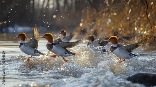 Young Goosanders frolic in the flowing waters of a serene river in Latvia photo