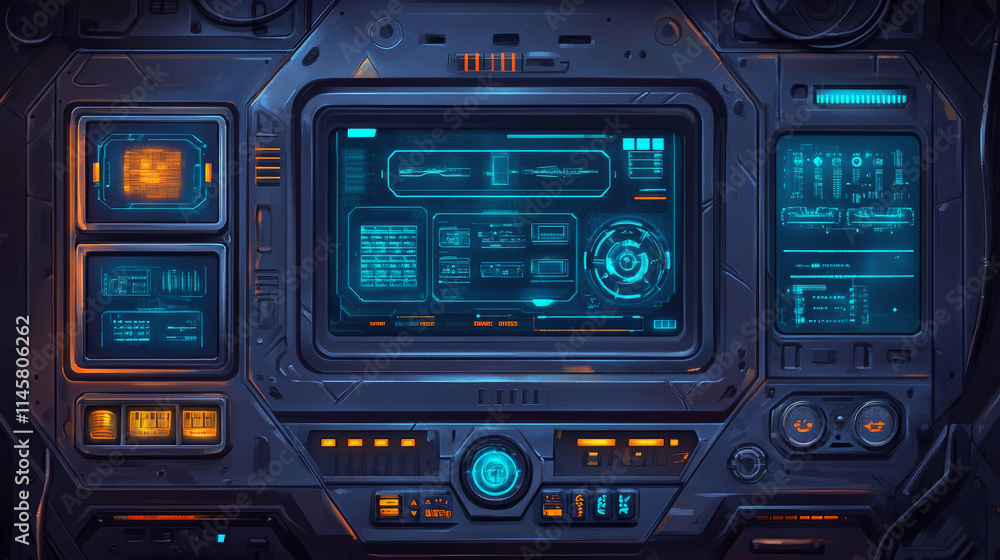 Game hud frames in sci fi style for shop and daily reward. Vector futuristic design of game gui elements with buttons and blue border isolated on black background Game hud frames in sci fi style for shop and daily reward. Vector futuristic design of game gui elements with buttons and blue border isolated on black background