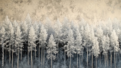 Alder trees covered in rime frost crystals creating a serene winter landscape scene with a muted background and misty atmosphere.