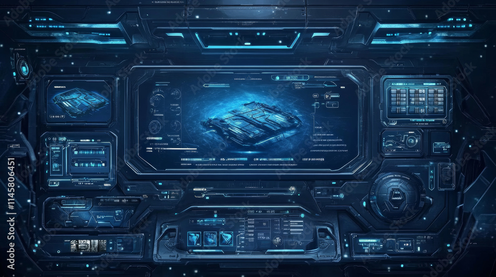 Game hud frames in sci fi style for shop and daily reward. Vector futuristic design of game gui elements with buttons and blue border isolated on black background Game hud frames in sci fi style for shop and daily reward. Vector futuristic design of game gui elements with buttons and blue border isolated on black background