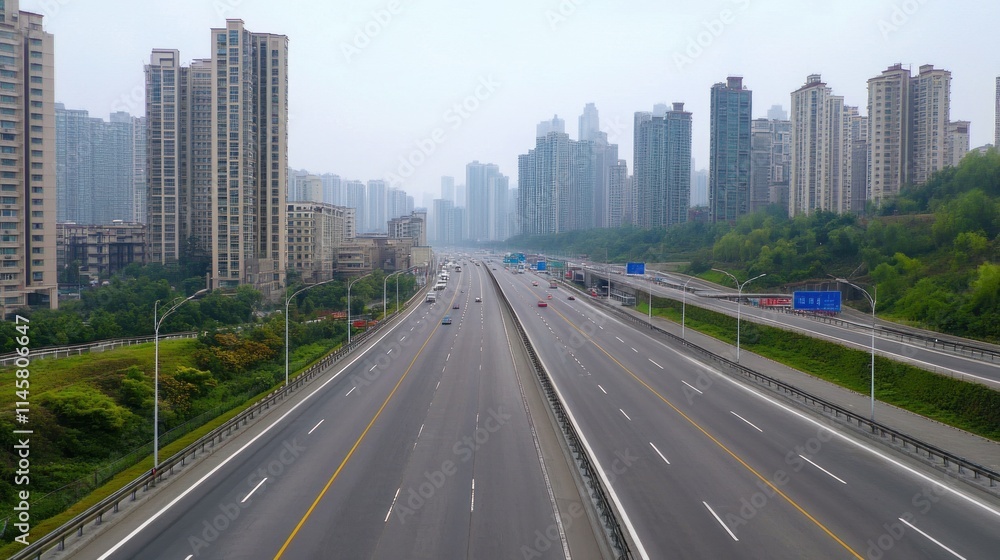 Elevated View of a Highway Cutting Through a Modern Cityscape Elevated View of a Highway Cutting Through a Modern Cityscape