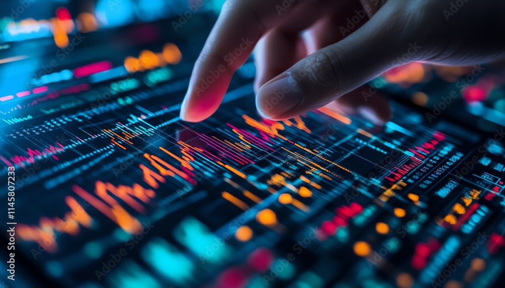 Closeup of a hand interacting with digital financial graphs on a tablet, visualizing realtime analytics, focusing on modern business technology and investment innovations Closeup of a hand interacting with digital financial graphs on a tablet, visualizing realtime analytics, focusing on modern business technology and investment innovations
