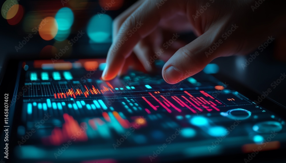 Closeup of a hand swiping on a tablet showing digital financial charts, realtime data analytics, illustrating modern business technology and investment trends Closeup of a hand swiping on a tablet showing digital financial charts, realtime data analytics, illustrating modern business technology and investment trends